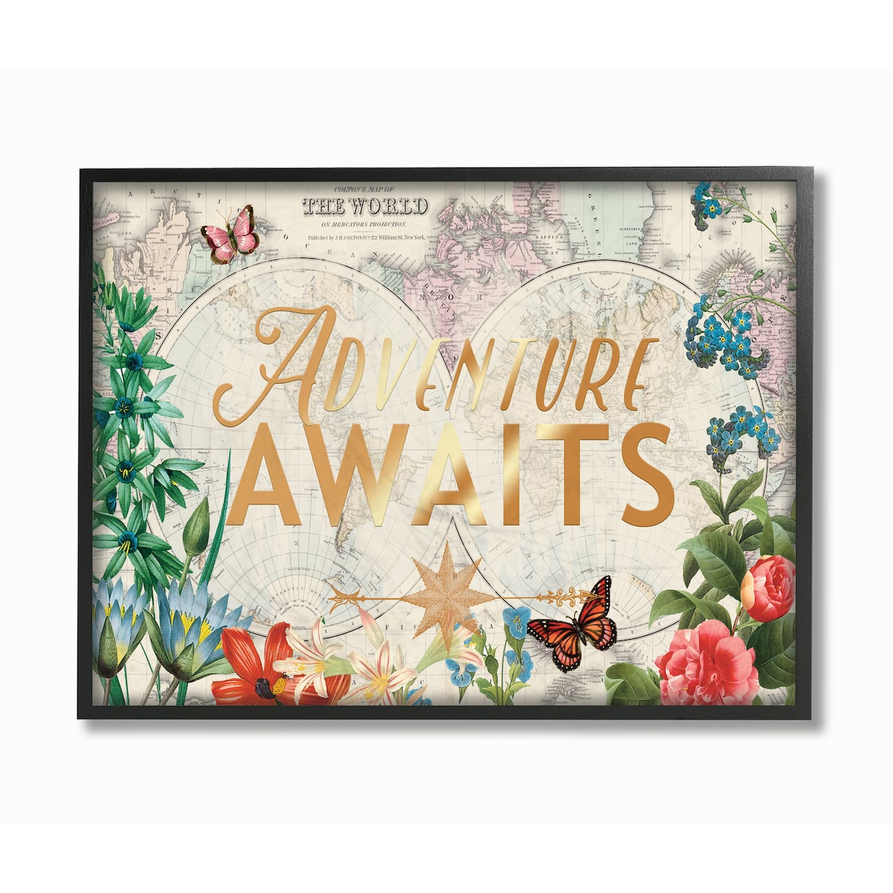 Stupell Industries Adventure Awaits Floral Map Black Framed Wall Art